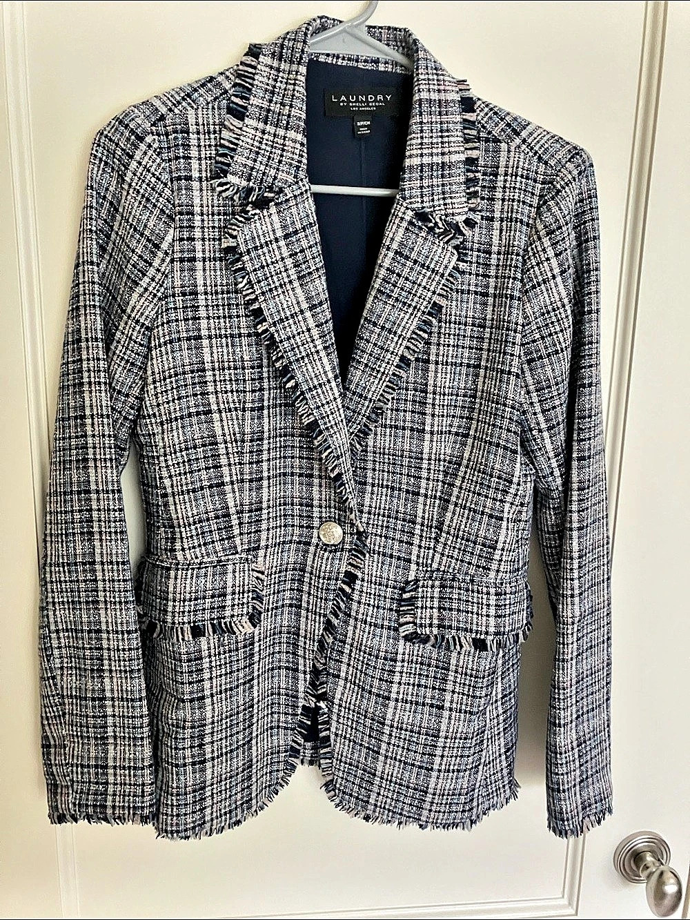Laundry by Shelli Segal Plaid Fringe Blazer in Navy Tweed Size Small
